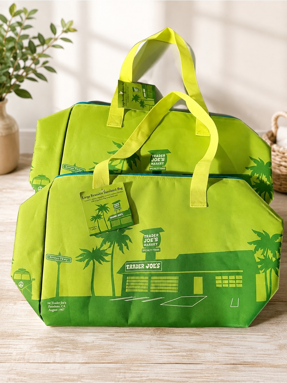 2 of Trader Joe's Lime Green &  Teal Large Insulated Tote Bag